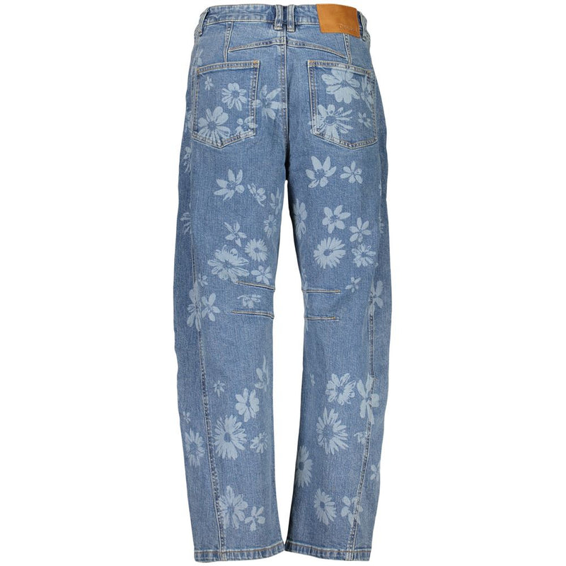 Blue cotton women's jeans with an allover light blue floral print and back pockets