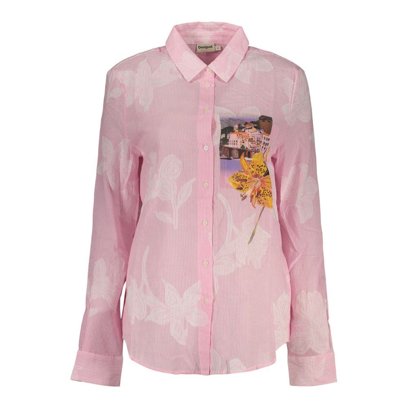 Pink cotton women shirt with white stripes, floral prints, and a graphic patch on the chest