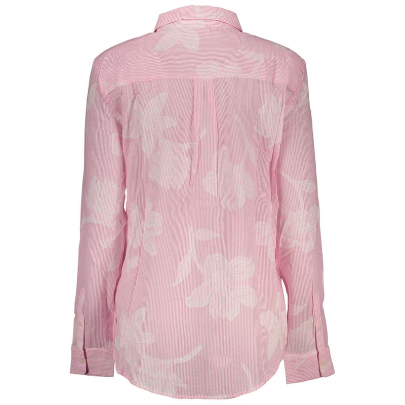 Pink cotton women shirt with long sleeves and white floral print over fine stripes