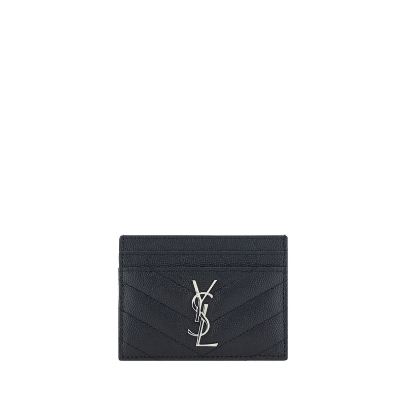 Black chevron-quilted leather card holder with silver YSL monogram