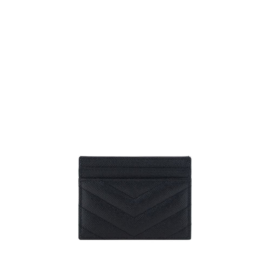 Black chevron-quilted leather card holder with silver YSL monogram