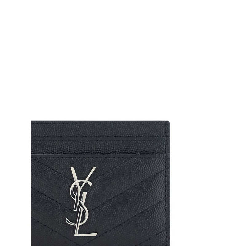 Black textured leather card case featuring chevron quilting and a silver YSL monogram logo