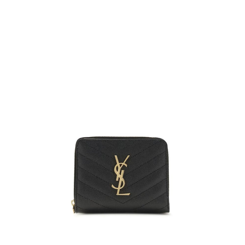 Black quilted leather wallet with gold YSL monogram logo