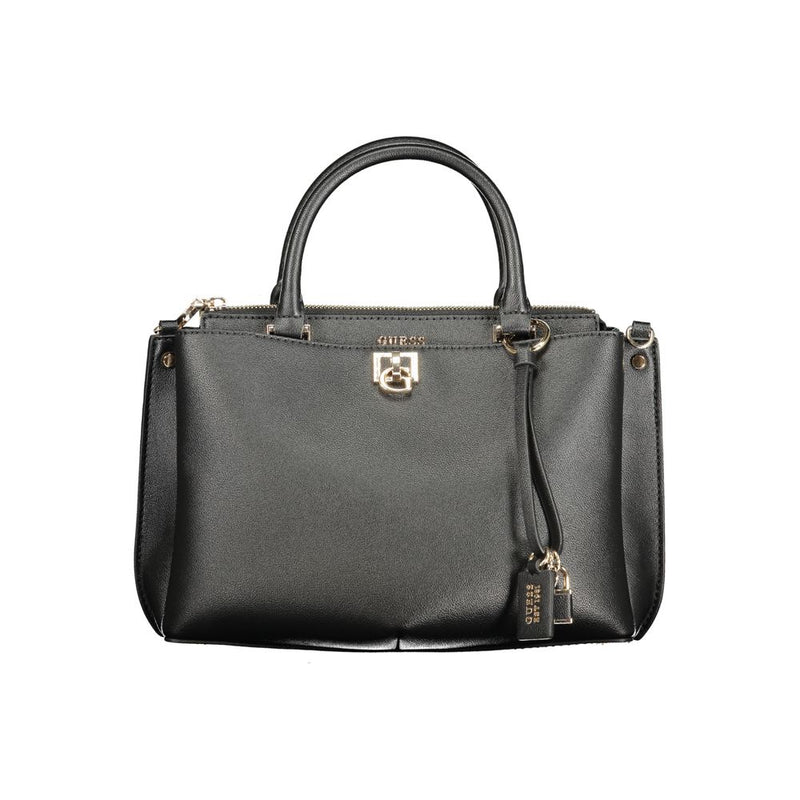 Black polyurethane structured women handbag with top handles and gold hardware