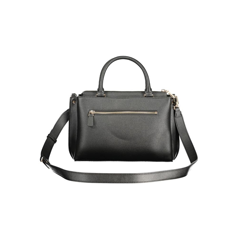 Black polyurethane women's handbag with top handles and a shoulder strap