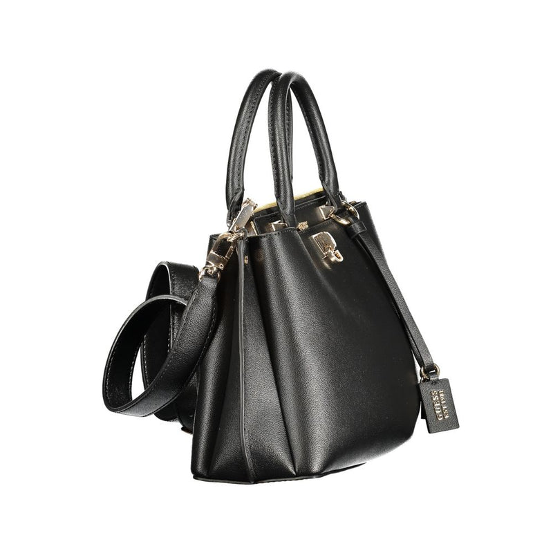 Black polyurethane women's handbag with dual top handles, shoulder strap, and gold hardware