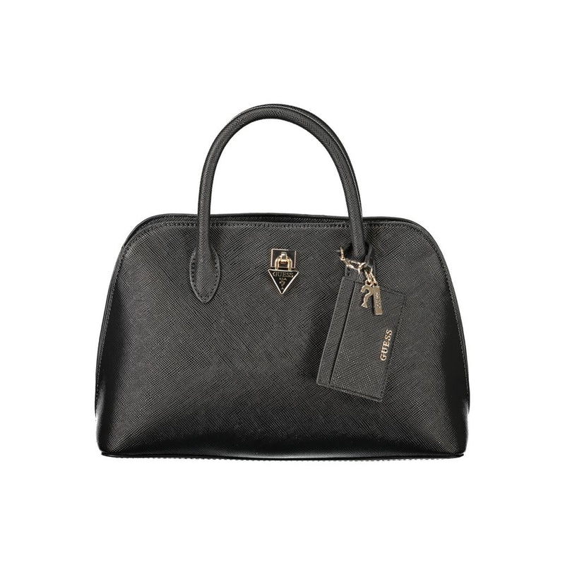 Black textured polyurethane women's handbag with top handles and gold hardware branding