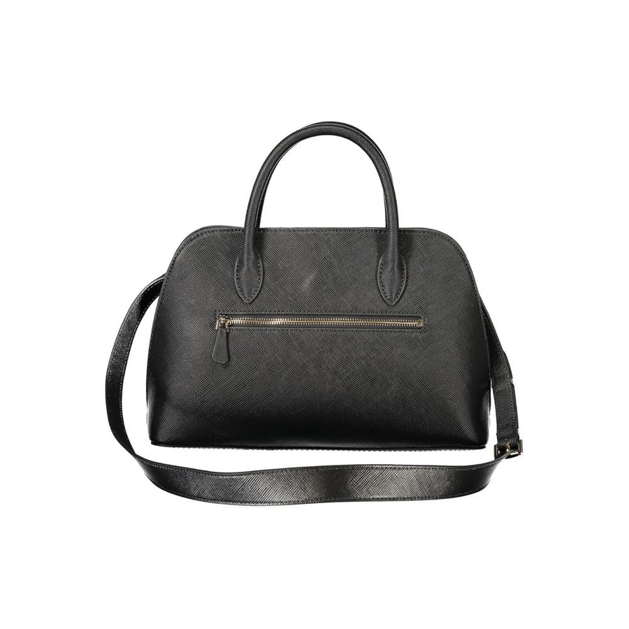 Black textured polyurethane women's handbag with top handles and gold hardware branding