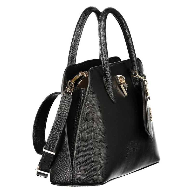 Black textured polyurethane structured women handbag with dual handles and gold hardware
