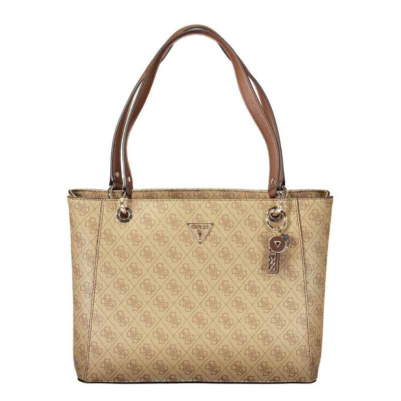 Beige polyurethane tote handbag with brown logo print and brown top handles