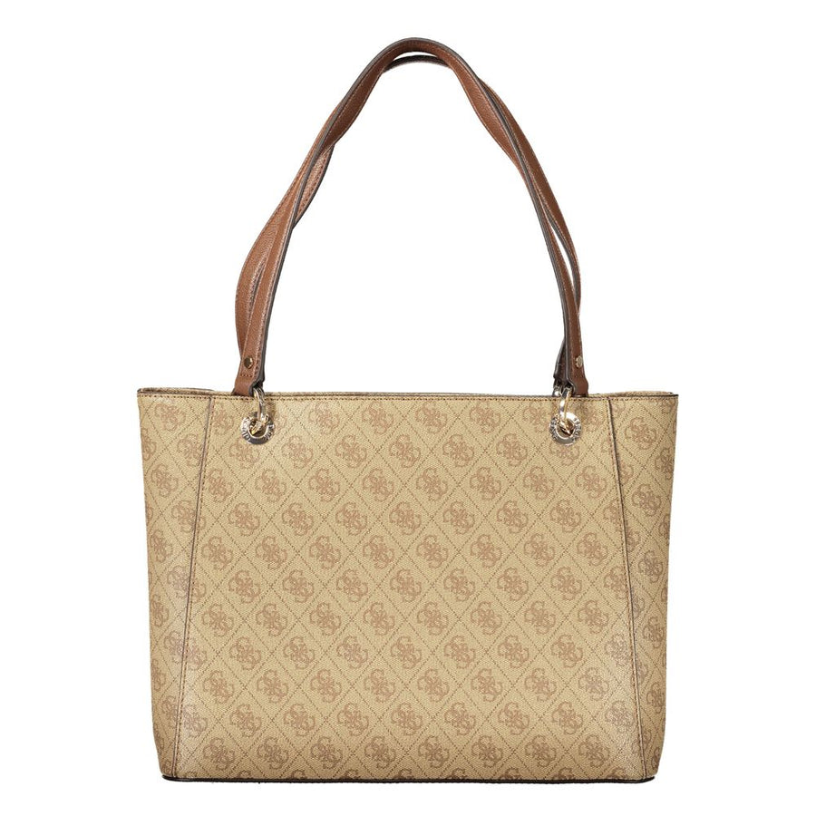 Beige polyurethane tote handbag with brown logo print and brown top handles