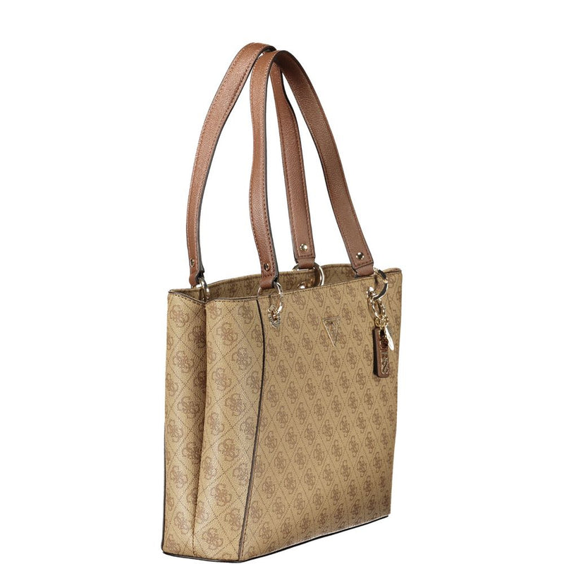 Beige polyurethane tote handbag with brown logo print and dual straps