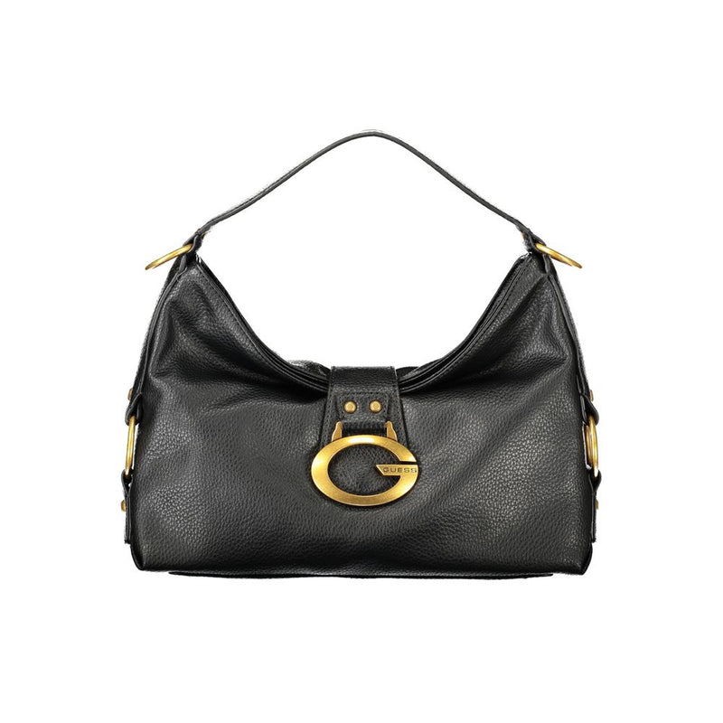 Black polyurethane hobo handbag with a single handle and gold-tone hardware featuring a prominent G clasp