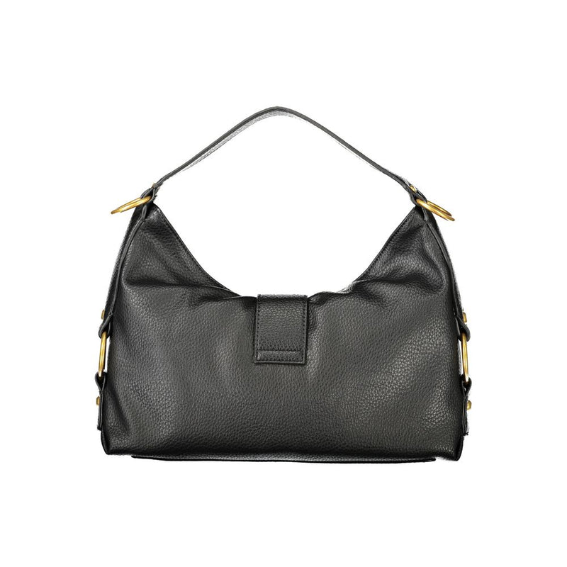 Black textured polyurethane hobo handbag with a single strap and gold hardware accents