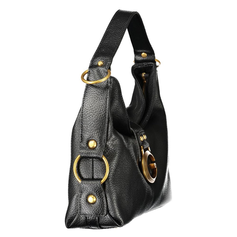 Black pebbled polyurethane hobo handbag with a single strap and gold hardware accents