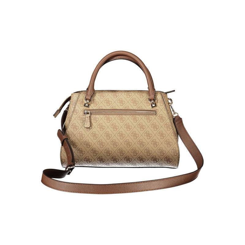 Beige monogram polyurethane women handbag with brown handles and a shoulder strap