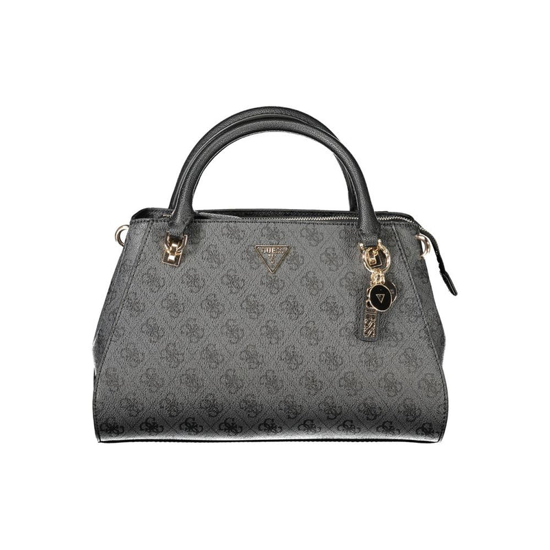 Black polyurethane Guess handbag with patterned monogram design and dual top handles
