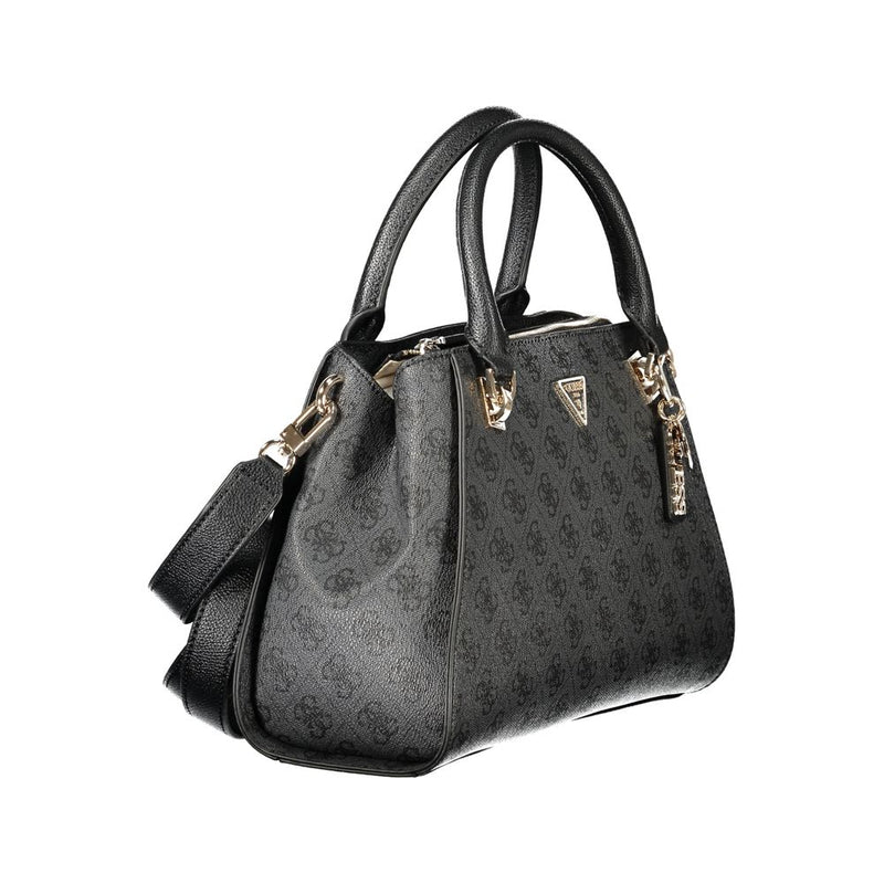 Black faux leather Guess handbag with allover logo print, dual top handles, and gold hardware