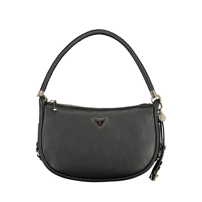 Black polyurethane women's handbag with a structured curved shape and braided handle
