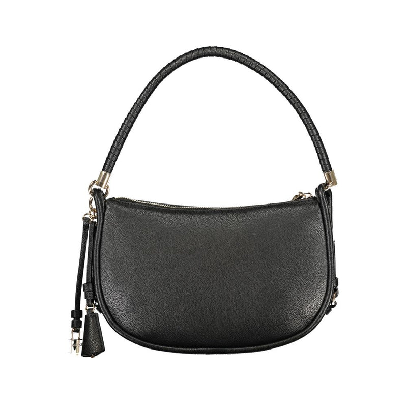 Black polyurethane crescent handbag with a textured single shoulder strap