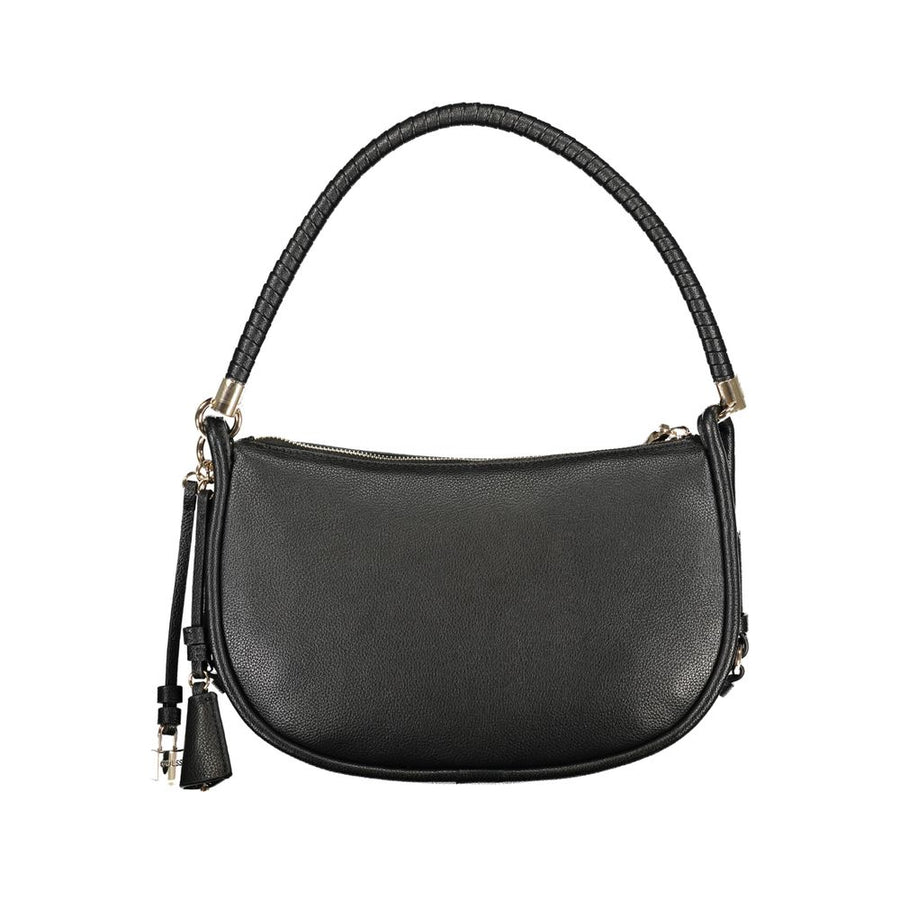 Black polyurethane women's handbag with a structured curved shape and braided handle