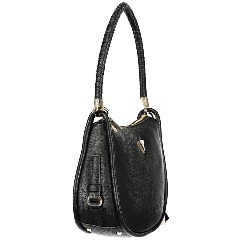 Black polyurethane women handbag with a braided shoulder strap