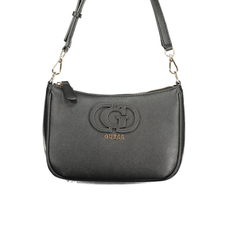 Black polyurethane Guess shoulder bag with a curved shape and embossed logo