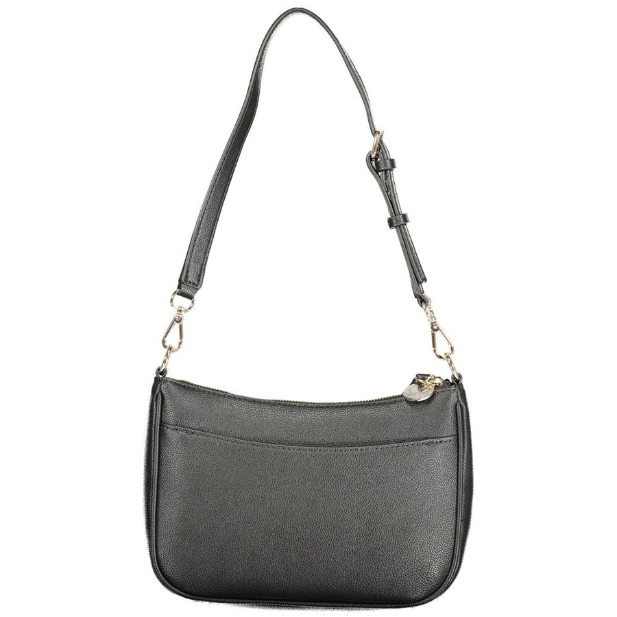 Black polyurethane Guess shoulder bag with a curved shape and embossed logo