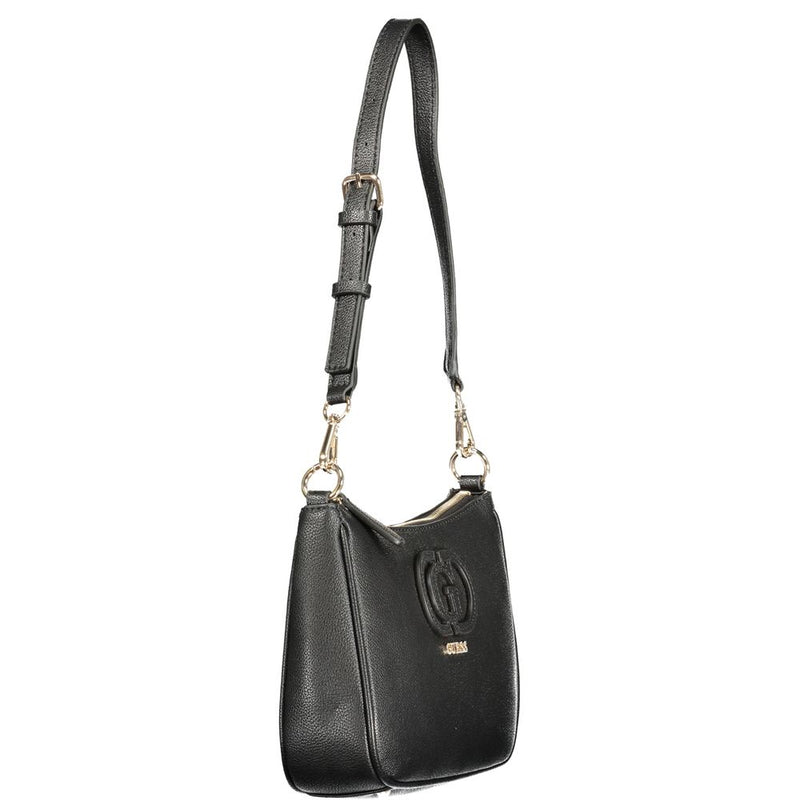 Black polyurethane shoulder handbag with a single adjustable strap and embossed logo