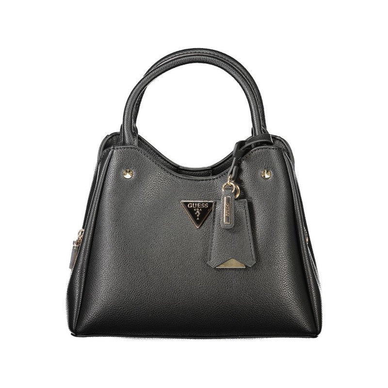 Black polyurethane structured handbag with dual top handles and gold hardware