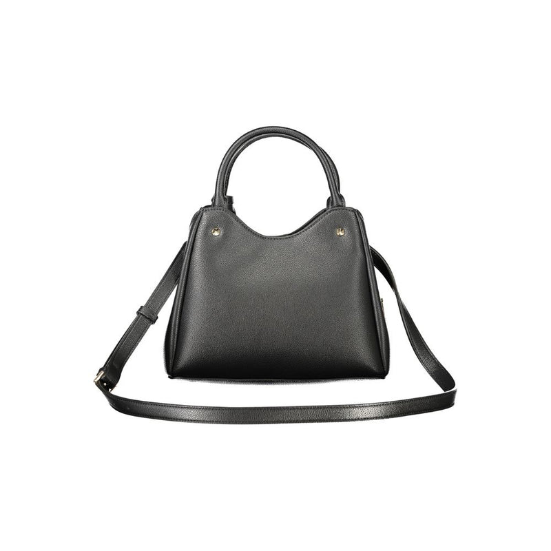 Black polyurethane structured handbag with a top handle and shoulder strap