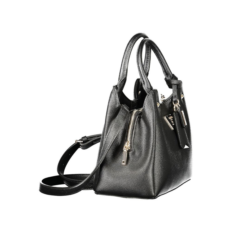 Black polyurethane faux leather women’s handbag with dual top handles and zipper closure