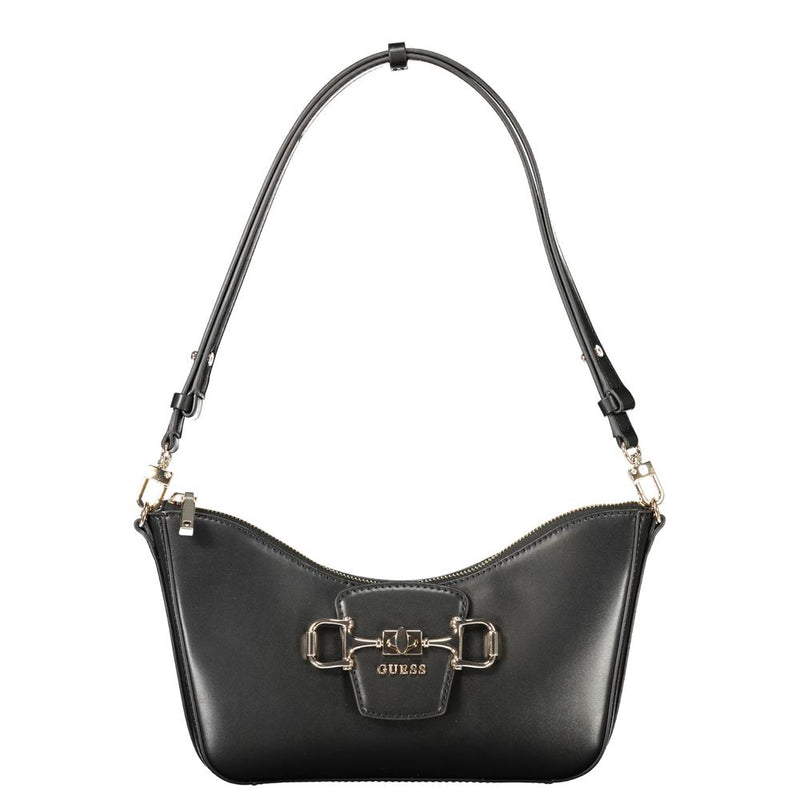 Black polyurethane women handbag with a shoulder strap and gold hardware