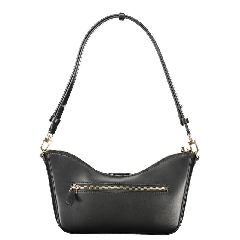 Black polyurethane women shoulder handbag with a zip pocket and gold hardware