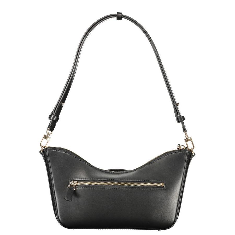 Black polyurethane women handbag with a shoulder strap and gold hardware