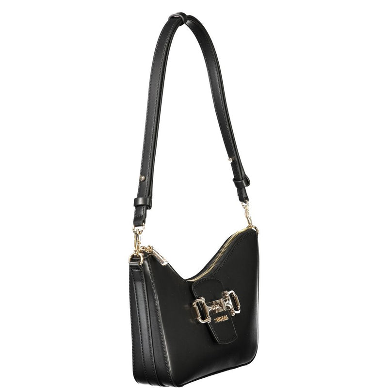 Black polyurethane structured women shoulder handbag with gold-tone hardware and top zip closure