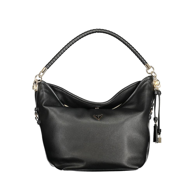 Black polyurethane women's shoulder bag with a braided handle and gold-tone hardware