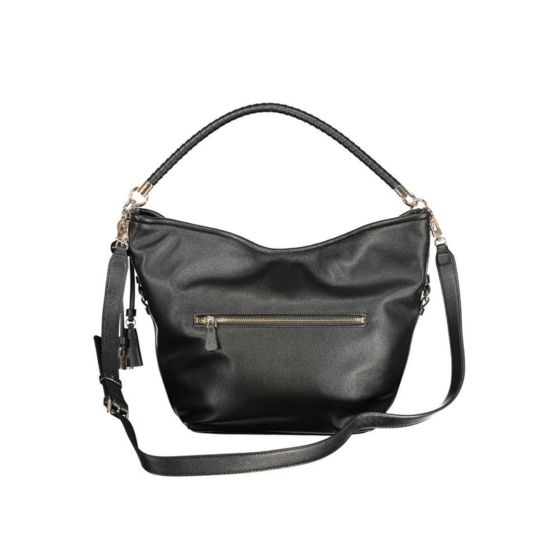 Black polyurethane women shoulder bag with zippered pocket and braided top handle