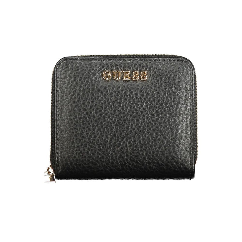 Black polyurethane compact zip-around wallet with gold hardware and embossed Guess logo