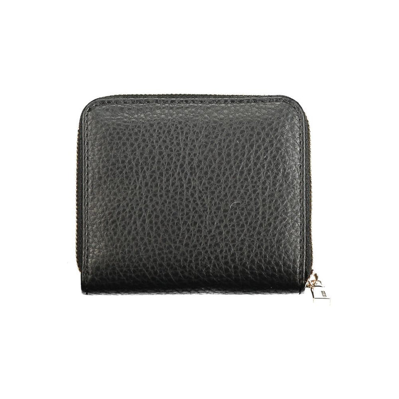 Black pebbled polyurethane women zip-around wallet