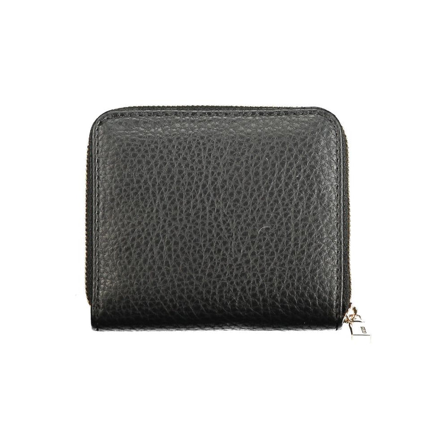 Black polyurethane compact zip-around wallet with gold hardware and embossed Guess logo
