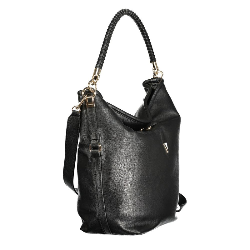 Black polyurethane shoulder bag with braided top handle and gold hardware