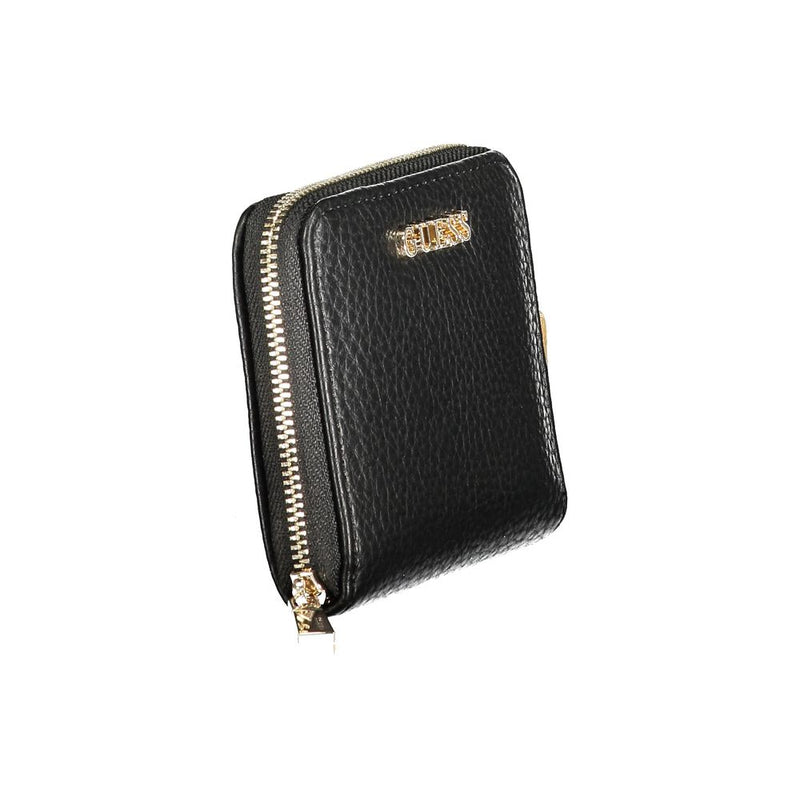 Black pebbled polyurethane women wallet with gold zipper and logo