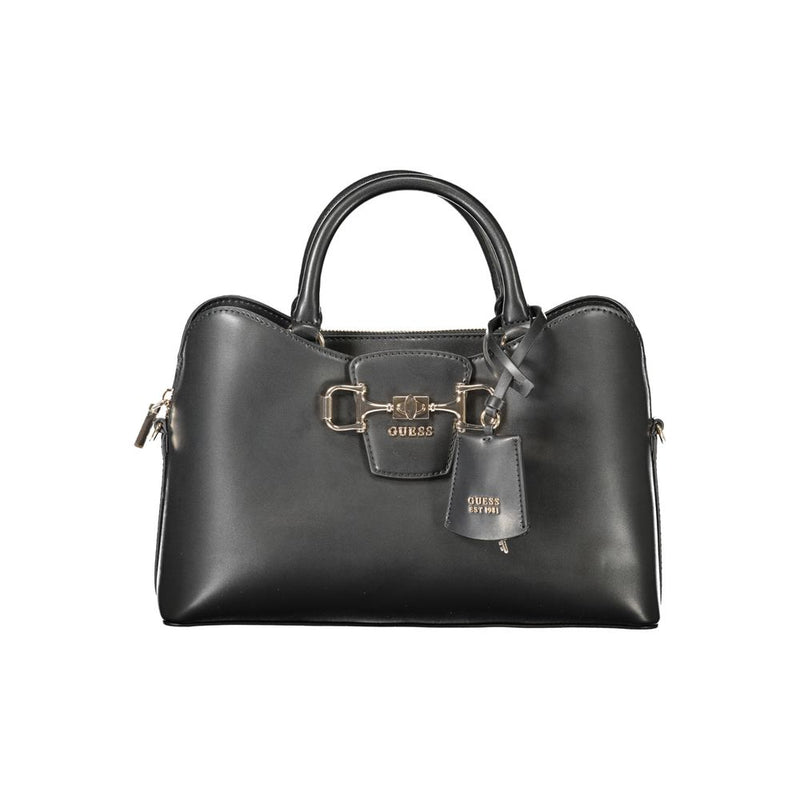 Black polyurethane structured handbag with dual top handles and gold-tone hardware accent