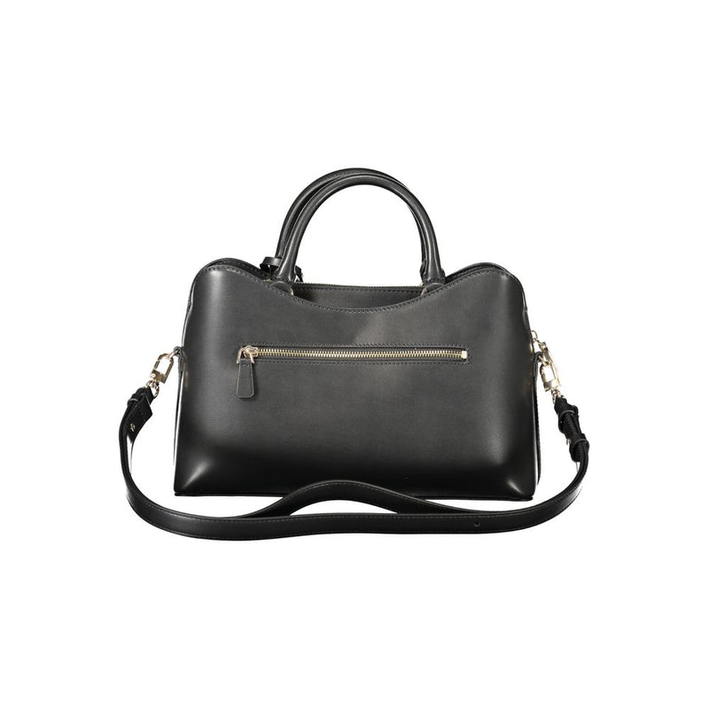 Black polyurethane women's handbag with top handles and a shoulder strap