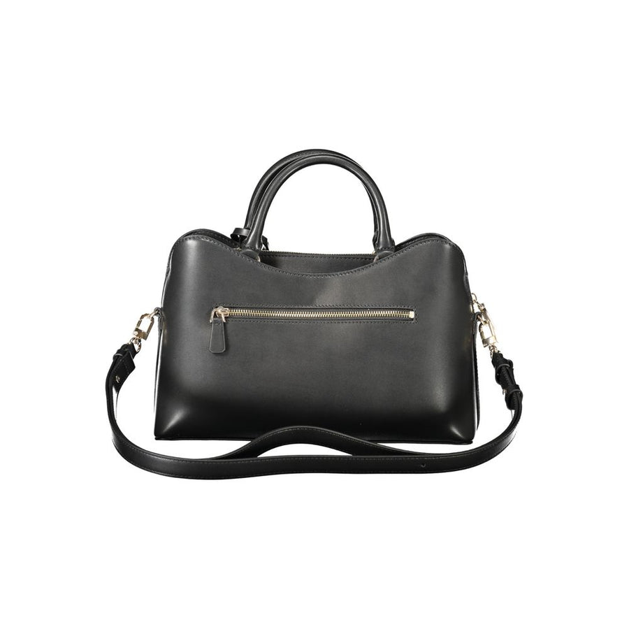 Black polyurethane structured handbag with dual top handles and gold-tone hardware accent