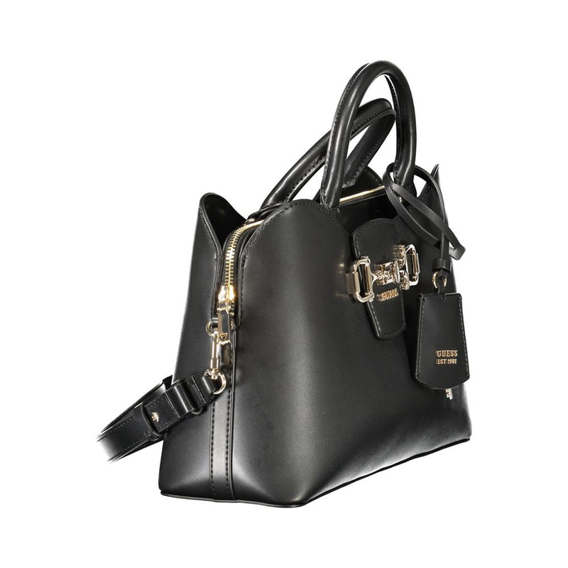 Black polyurethane women's handbag with gold hardware, top handles, and detachable strap