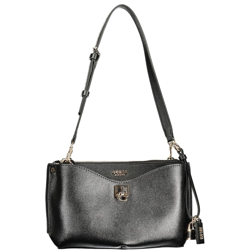 Black leather shoulder bag with a top handle, zipper closure, and a gold-tone logo clasp
