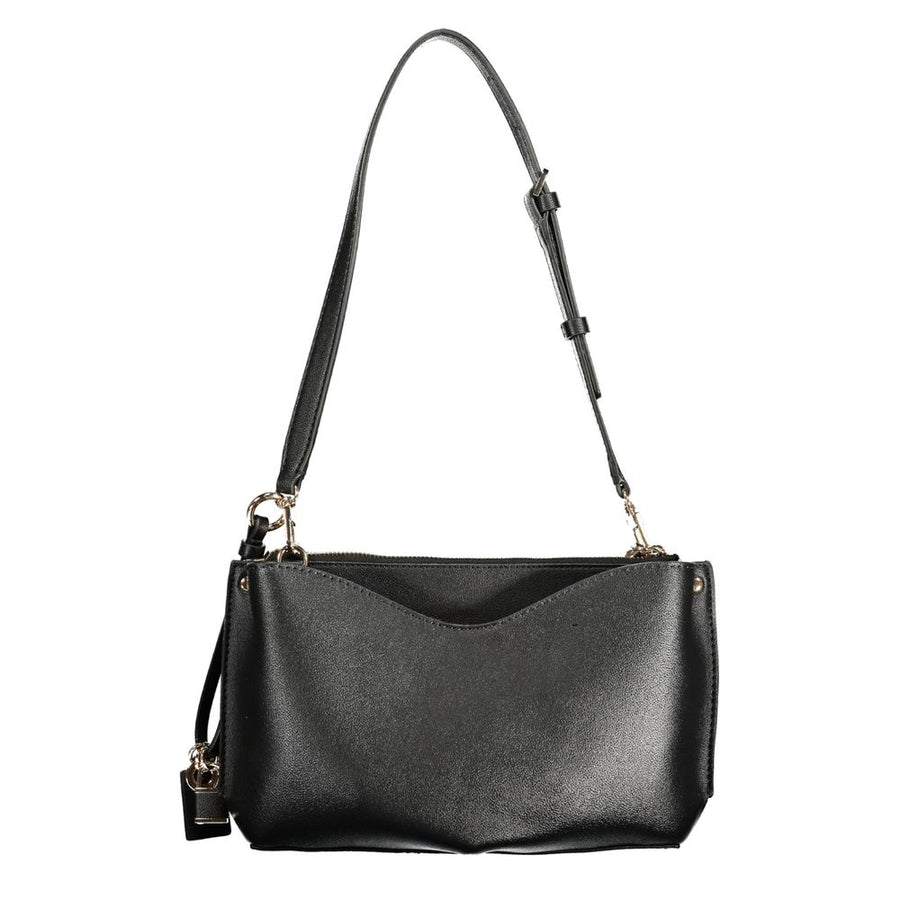 Black leather shoulder bag with a top handle, zipper closure, and a gold-tone logo clasp