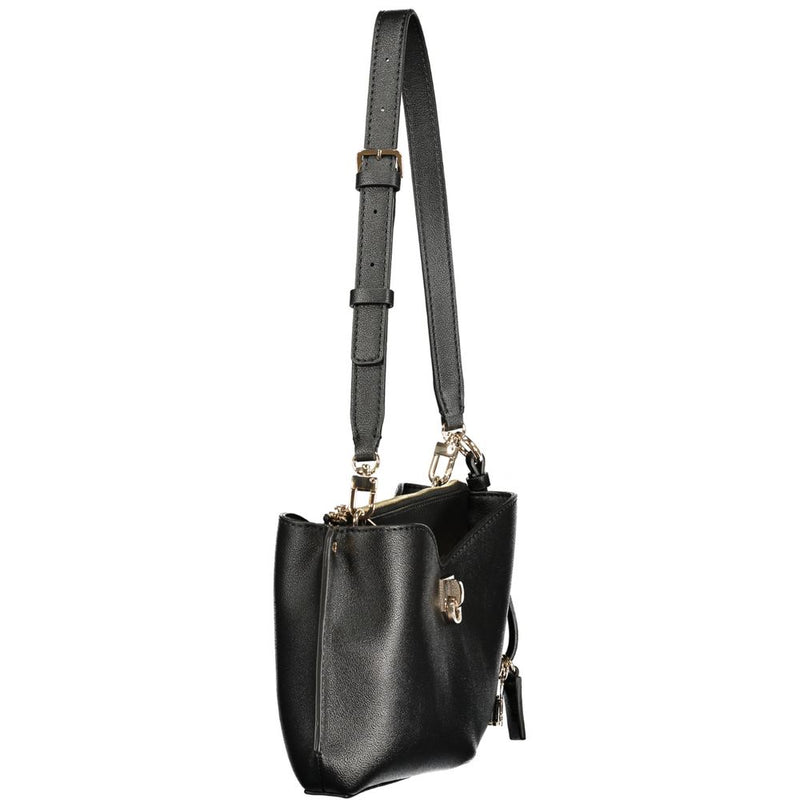 Black leather women shoulder bag with adjustable strap and gold hardware
